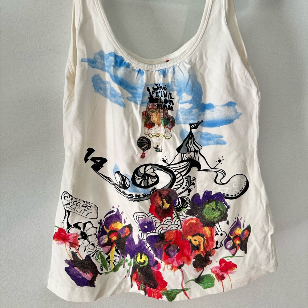 RARE Oilily M Women’s White Tank Top, Summer Festival Print